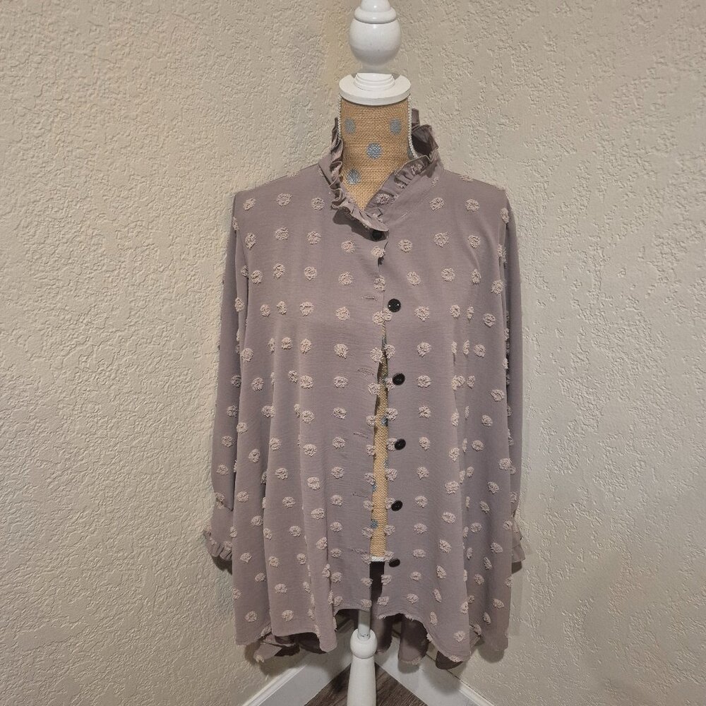 Sew Modest Lilac Swiss Dot Button Up High Low